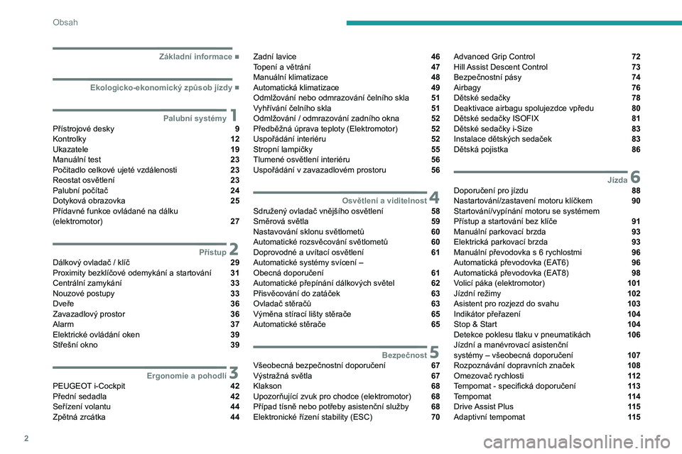 PEUGEOT 2008 2021  Návod na použití (in Czech) 2
Obsah
  ■
Základní informace
  ■
Ekologicko-ekonomický způsob jízdy
 1Palubní systémyPřístrojové desky  9
Kontrolky  12
Ukazatele  19
Manuální test  23
Počitadlo celkové ujeté