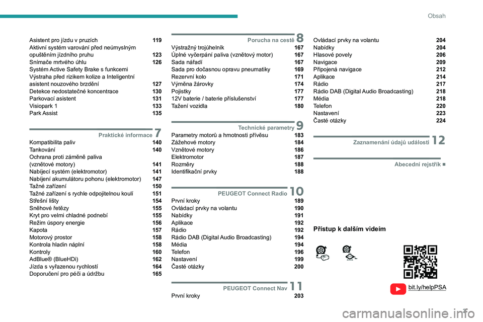 PEUGEOT 2008 2021  Návod na použití (in Czech) 3
Obsah
  
  
 
 
 
 
Asistent pro jízdu v pruzích  11 9
Aktivní systém varování před neúmyslným 
opuštěním jízdního pruhu 
 123
Snímače mrtvého úhlu  126
Systém Active Safety Brake