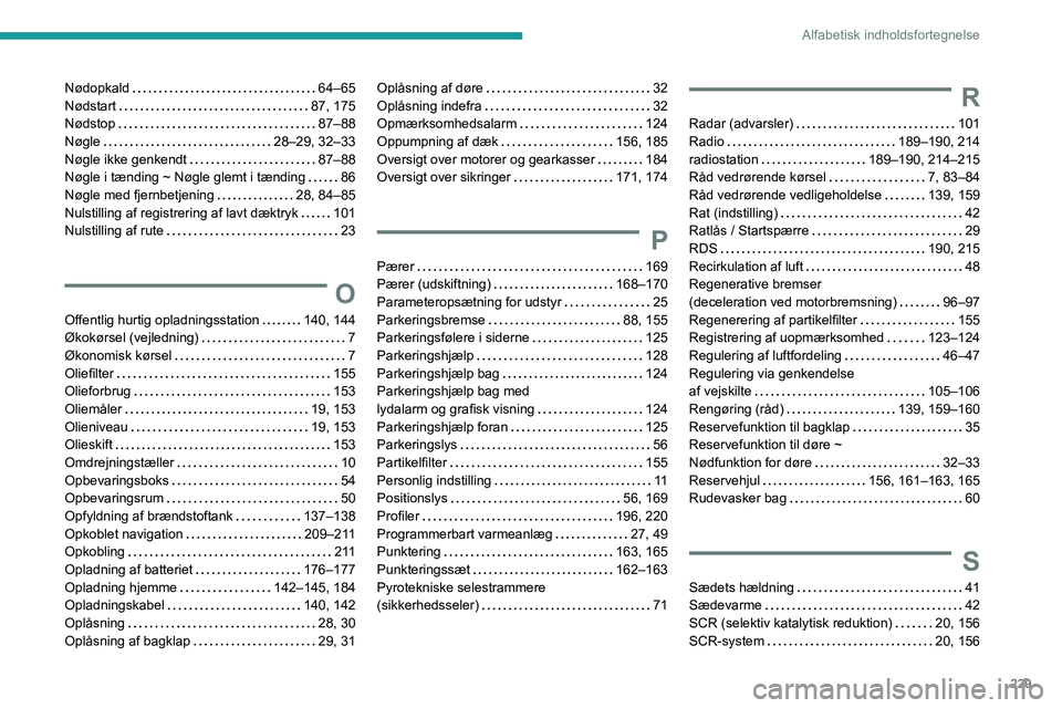 PEUGEOT 2008 2020  Brugsanvisning (in Danish) 229
Alfabetisk indholdsfortegnelse
Nødopkald   64–65Nødstart   87, 175Nødstop   87–88Nøgle   28–29, 32–33Nøgle ikke genkendt   87–88Nøgle i tænding ~ Nøgle glemt i tænding   86Nøgl