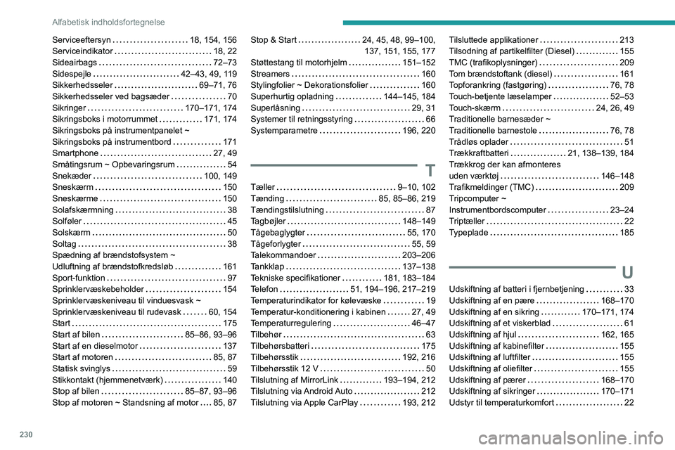 PEUGEOT 2008 2020  Brugsanvisning (in Danish) 230
Alfabetisk indholdsfortegnelse
Serviceeftersyn   18, 154, 156Serviceindikator   18, 22Sideairbags   72–73Sidespejle   42–43, 49, 119Sikkerhedsseler   69–71, 76Sikkerhedsseler ved bagsæder  