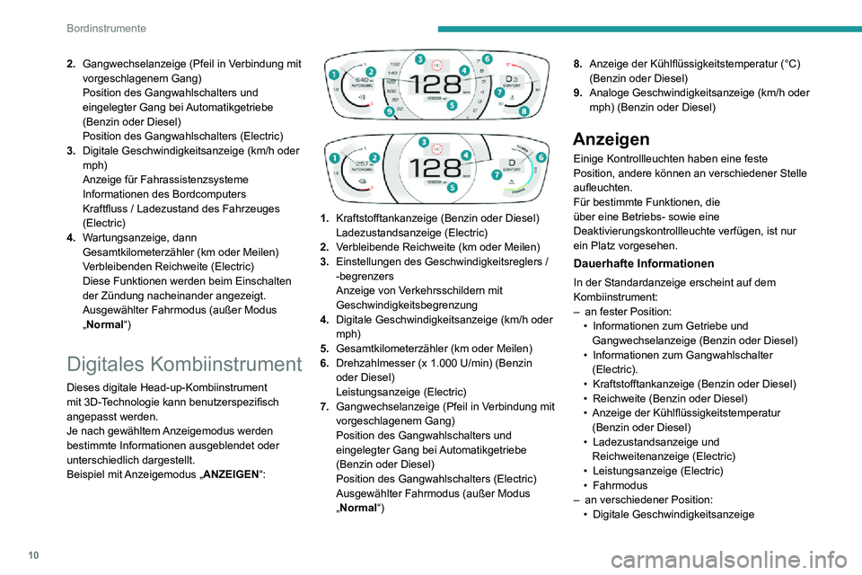 PEUGEOT 2008 2020  Betriebsanleitungen (in German) 10
Bordinstrumente
2.Gangwechselanzeige (Pfeil in Verbindung mit 
vorgeschlagenem Gang)
Position des Gangwahlschalters und 
eingelegter Gang bei Automatikgetriebe 
(Benzin oder Diesel)
Position des Ga
