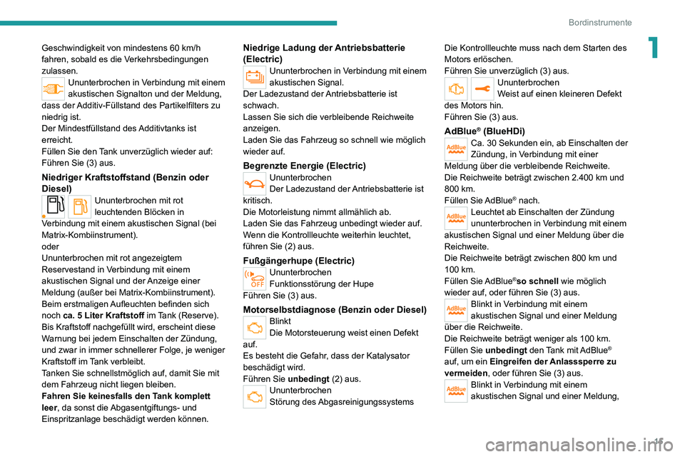 PEUGEOT 2008 2020  Betriebsanleitungen (in German) 15
Bordinstrumente
1Geschwindigkeit von mindestens 60 km/h fahren, sobald es die Verkehrsbedingungen 
zulassen.
Ununterbrochen in Verbindung mit einem 
akustischen Signalton und der Meldung, 
dass der