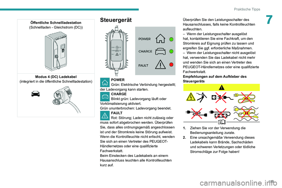 PEUGEOT 2008 2020 Betriebsanleitungen (in German) 159
Praktische Tipps
7Öffentliche Schnellladestation
(Schnellladen - Gleichstrom (DC))
Modus 4 (DC) Ladekabel
(integriert in die öffentliche Schnellladestation)
Steuergerät
POWER
Grün: PEUGEOT 2008 2020 Betriebsanleitungen (in German) 159
Praktische Tipps
7Öffentliche Schnellladestation
(Schnellladen - Gleichstrom (DC))
Modus 4 (DC) Ladekabel
(integriert in die öffentliche Schnellladestation)
Steuergerät
POWER
Grün: