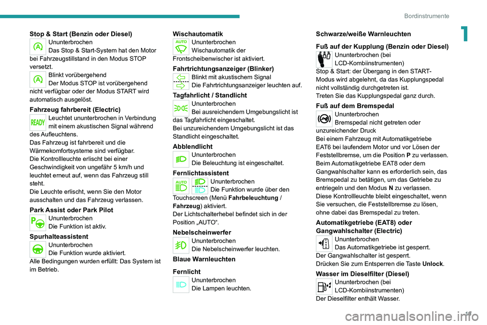 PEUGEOT 2008 2020  Betriebsanleitungen (in German) 19
Bordinstrumente
1Stop & Start (Benzin oder Diesel)Ununterbrochen
Das Stop & Start-System hat den Motor 
bei Fahrzeugstillstand in den Modus STOP 
versetzt.
Blinkt vorübergehend
Der Modus STOP ist 