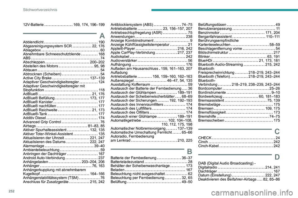 PEUGEOT 2008 2020  Betriebsanleitungen (in German) 252
Stichwortverzeichnis
12V-Batterie   169, 174, 196–199
AAbblendlicht   190Abgasreinigungssystem SCR   22, 176Ablagebox   60Abnehmbare Schneeschutzblende   168ABS   74Abschleppen   200–202Abstel