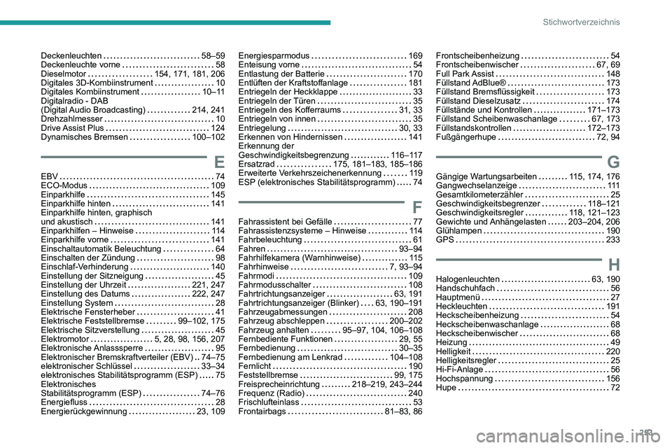 PEUGEOT 2008 2020  Betriebsanleitungen (in German) 253
Stichwortverzeichnis
Deckenleuchten   58–59Deckenleuchte vorne   58Dieselmotor   154, 171, 181, 206Digitales 3D-Kombiinstrument   10Digitales Kombiinstrument   10–11Digitalradio - DAB  
(Digit
