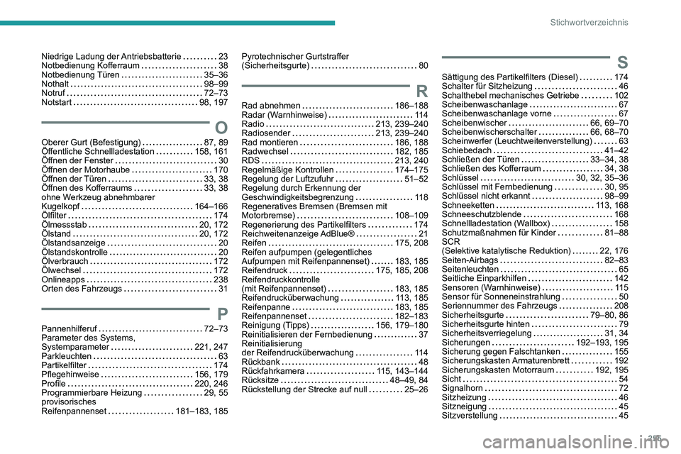 PEUGEOT 2008 2020  Betriebsanleitungen (in German) 255
Stichwortverzeichnis
Niedrige Ladung der Antriebsbatterie   23Notbedienung Kofferraum   38Notbedienung Türen   35–36Nothalt   98–99Notruf   72–73Notstart   98, 197
OOberer Gurt (Befestigung