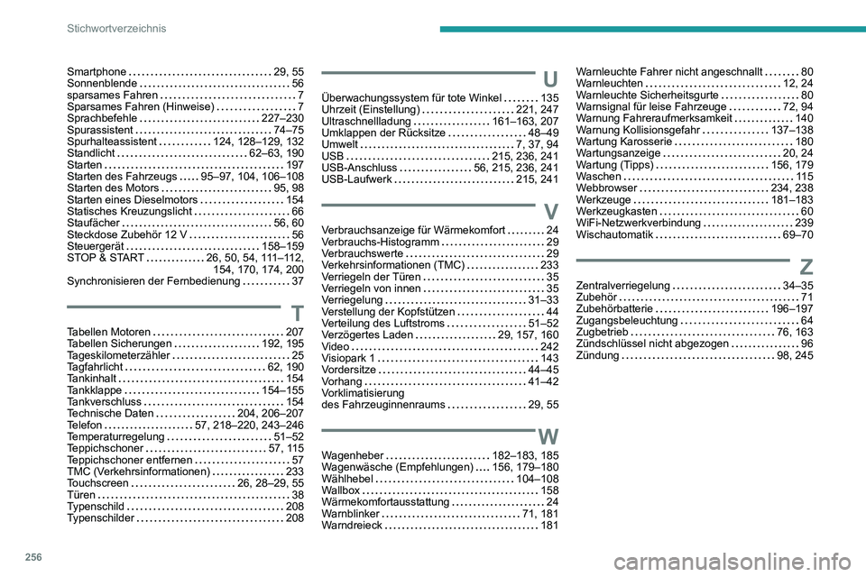 PEUGEOT 2008 2020  Betriebsanleitungen (in German) 256
Stichwortverzeichnis
Smartphone   29, 55Sonnenblende   56sparsames Fahren   7Sparsames Fahren (Hinweise)   7Sprachbefehle   227–230Spurassistent   74–75Spurhalteassistent   124, 128–129, 132