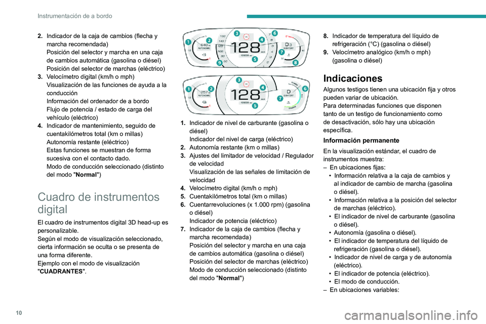 PEUGEOT 2008 2020 Manual del propietario (in Spanish) 10
Instrumentación de a bordo
2.Indicador de la caja de cambios (flecha y
marcha recomendada)
Posición del selector y marcha en una caja
de cambios automática (gasolina o diésel)
Posición del s PEUGEOT 2008 2020 Manual del propietario (in Spanish) 10
Instrumentación de a bordo
2.Indicador de la caja de cambios (flecha y
marcha recomendada)
Posición del selector y marcha en una caja
de cambios automática (gasolina o diésel)
Posición del s