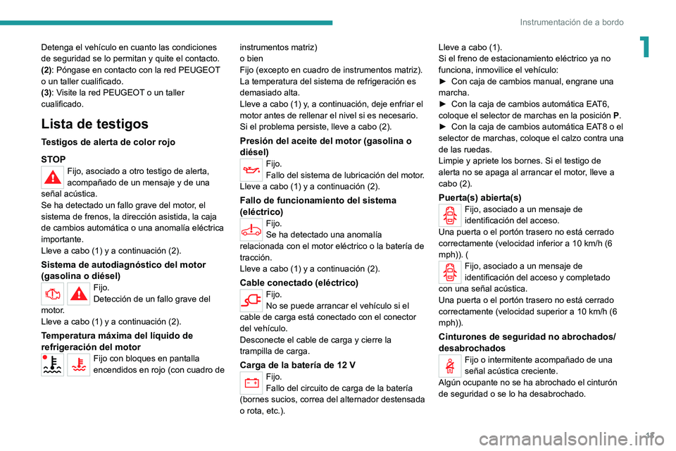 PEUGEOT 2008 2020 Manual del propietario (in Spanish) 13
Instrumentación de a bordo
1Detenga el vehículo en cuanto las condiciones
de seguridad se lo permitan y quite el contacto.
(2): Póngase en contacto con la red PEUGEOT
o un taller cualificado.
PEUGEOT 2008 2020 Manual del propietario (in Spanish) 13
Instrumentación de a bordo
1Detenga el vehículo en cuanto las condiciones
de seguridad se lo permitan y quite el contacto.
(2): Póngase en contacto con la red PEUGEOT
o un taller cualificado.