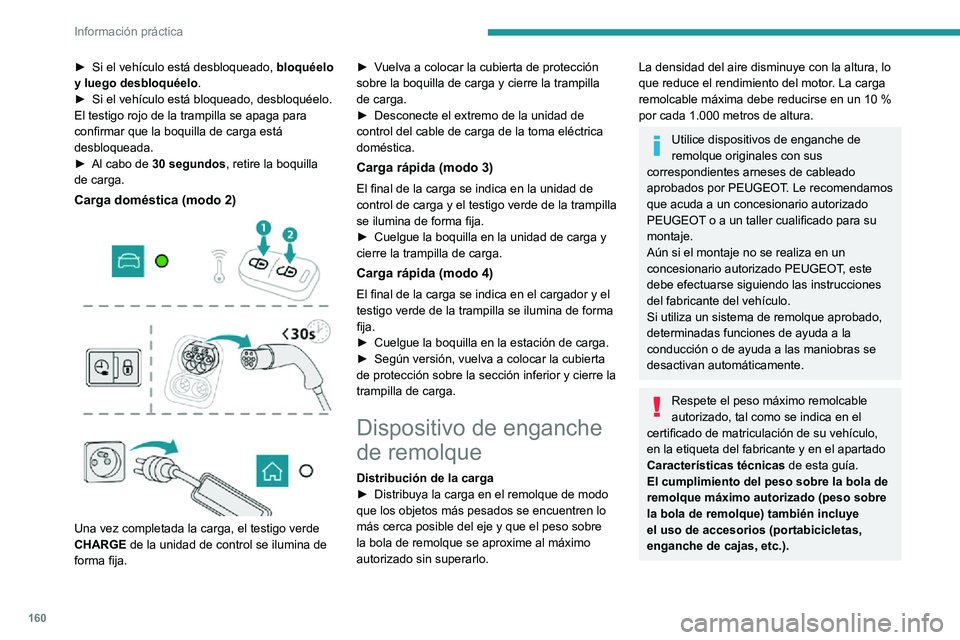 PEUGEOT 2008 2020  Manual del propietario (in Spanish) 160
Información práctica
► Si el vehículo está desbloqueado, bloquéelo 
y luego desbloquéelo .
► Si el vehículo está bloqueado, desbloquéelo.El testigo rojo de la trampilla se apaga para 