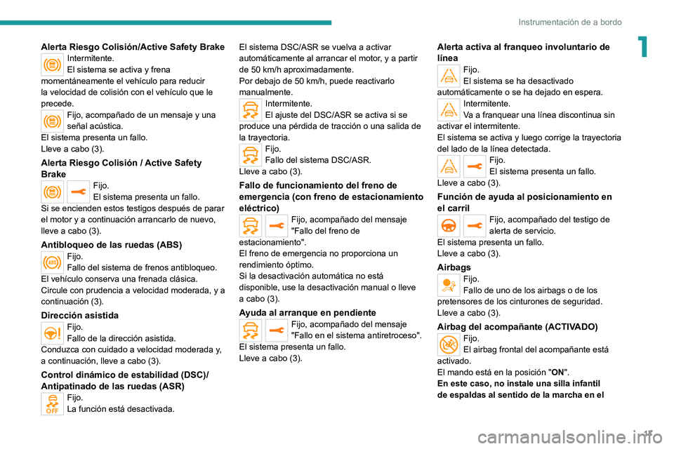 PEUGEOT 2008 2020 Manual del propietario (in Spanish) 17
Instrumentación de a bordo
1Alerta Riesgo Colisión/Active Safety BrakeIntermitente.
El sistema se activa y frena
momentáneamente el vehículo para reducir
la velocidad de colisión con el veh PEUGEOT 2008 2020 Manual del propietario (in Spanish) 17
Instrumentación de a bordo
1Alerta Riesgo Colisión/Active Safety BrakeIntermitente.
El sistema se activa y frena
momentáneamente el vehículo para reducir
la velocidad de colisión con el veh