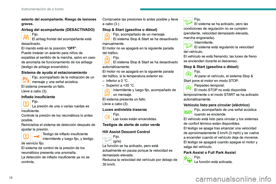 PEUGEOT 2008 2020  Manual del propietario (in Spanish) 18
Instrumentación de a bordo
asiento del acompañante. Riesgo de lesiones 
graves.
Airbag del acompañante (DESACTIVADO)Fijo.
El airbag frontal del acompañante está 
desactivado.
El mando está en