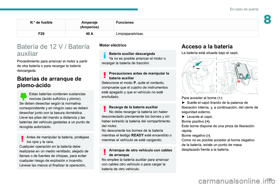 PEUGEOT 2008 2020  Manual del propietario (in Spanish) 193
En caso de avería
8N.° de fusibleAmperaje
(Amperios) Funciones
F29 40 ALimpiaparabrisas.
Batería de 12 V / Batería 
auxiliar
Procedimiento para arrancar el motor a partir 
de otra batería o p