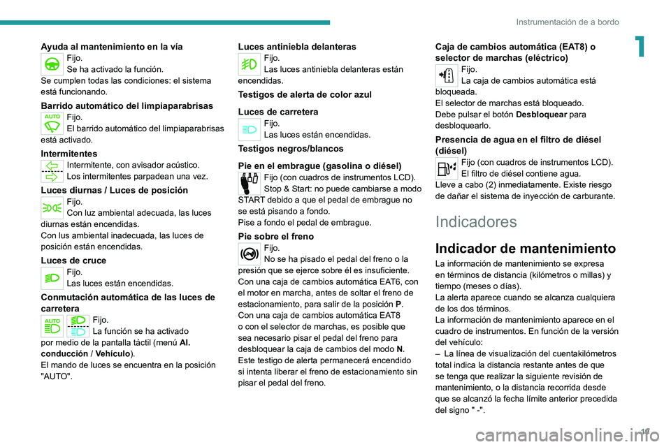 PEUGEOT 2008 2020 Manual del propietario (in Spanish) 19
Instrumentación de a bordo
1Ayuda al mantenimiento en la víaFijo.
Se ha activado la función.
Se cumplen todas las condiciones: el sistema
está funcionando.
Barrido automático del limpiaparabr PEUGEOT 2008 2020 Manual del propietario (in Spanish) 19
Instrumentación de a bordo
1Ayuda al mantenimiento en la víaFijo.
Se ha activado la función.
Se cumplen todas las condiciones: el sistema
está funcionando.
Barrido automático del limpiaparabr