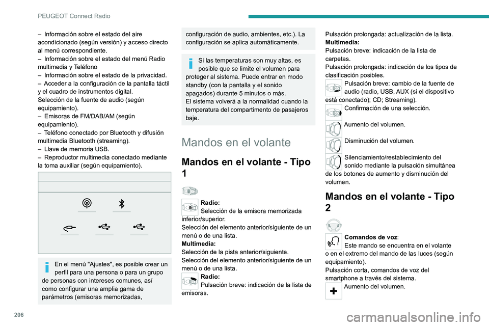 PEUGEOT 2008 2020 Manual del propietario (in Spanish) 206
PEUGEOT Connect Radio
– Información sobre el estado del aire acondicionado (según versión) y acceso directo
al menú correspondiente.
– Información sobre el estado del menú Radio multime PEUGEOT 2008 2020 Manual del propietario (in Spanish) 206
PEUGEOT Connect Radio
– Información sobre el estado del aire acondicionado (según versión) y acceso directo
al menú correspondiente.
– Información sobre el estado del menú Radio multime