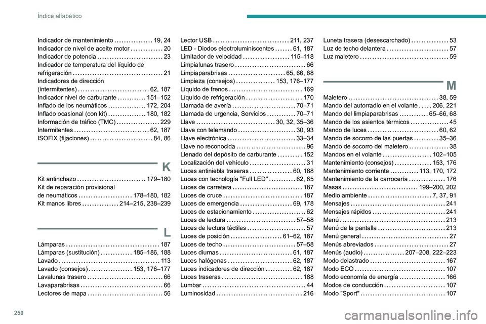 PEUGEOT 2008 2020  Manual del propietario (in Spanish) 250
Índice alfabético
Indicador de mantenimiento   19, 24Indicador de nivel de aceite motor   20Indicador de potencia   23Indicador de temperatura del líquido de refrigeración   21Indicadores de d