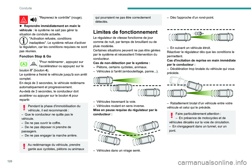 PEUGEOT 2008 2020  Manuel du propriétaire (in French) 120
Conduite
"Reprenez le contrôle" (rouge). 
►
 
Reprendre immédiatement en main le 
véhicule

 
: le système ne sait pas gérer la 
situation de conduite actuelle.
"Activation refu