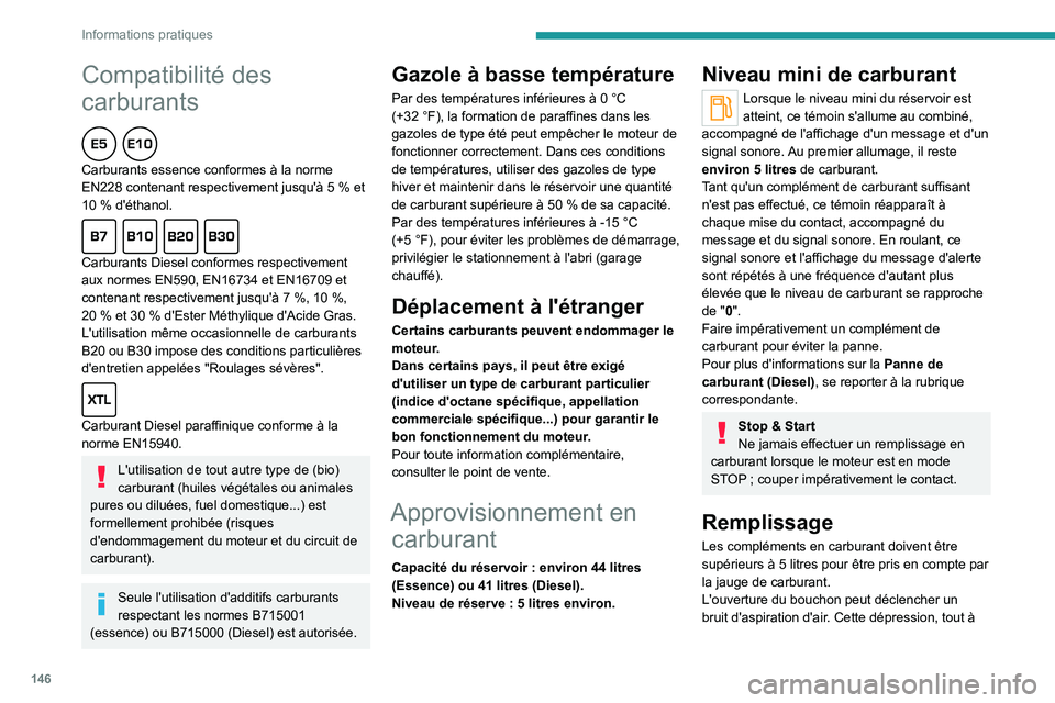 PEUGEOT 2008 2020 Manuel du propriétaire (in French) 146
Informations pratiques
Compatibilité des
carburants
Carburants essence conformes à la norme
EN228 contenant respectivement jusqu'à 5 % et
10
% d'éthanol.
Carburants Diesel PEUGEOT 2008 2020 Manuel du propriétaire (in French) 146
Informations pratiques
Compatibilité des
carburants
Carburants essence conformes à la norme
EN228 contenant respectivement jusqu'à 5 % et
10
% d'éthanol.
Carburants Diesel