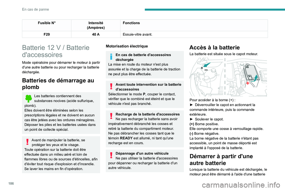 PEUGEOT 2008 2020  Manuel du propriétaire (in French) 186
En cas de panne
Fusible N°Intensité
(Ampères) Fonctions
F29 40 AEssuie-vitre avant.
Batterie 12 V / Batterie 
d'accessoires
Mode opératoire pour démarrer le moteur à partir 
d'une au