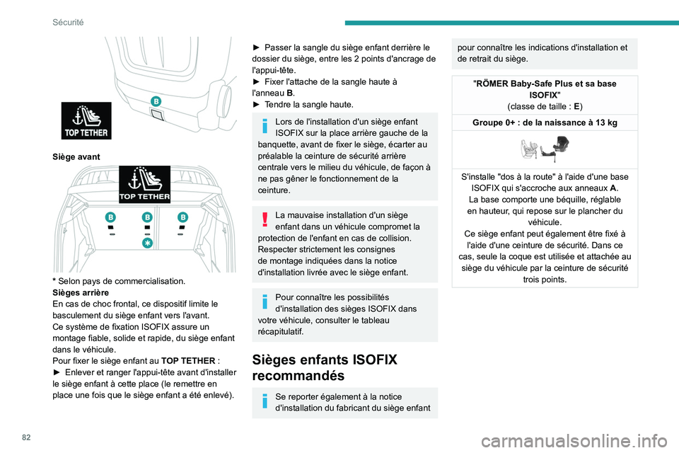 PEUGEOT 2008 2020 Manuel du propriétaire (in French) 82
Sécurité
Siège avant
* Selon pays de commercialisation.
Sièges arrière
En cas de choc frontal, ce dispositif limite le
basculement du siège enfant vers l'avant.
Ce système de fixat PEUGEOT 2008 2020 Manuel du propriétaire (in French) 82
Sécurité
Siège avant
* Selon pays de commercialisation.
Sièges arrière
En cas de choc frontal, ce dispositif limite le
basculement du siège enfant vers l'avant.
Ce système de fixat