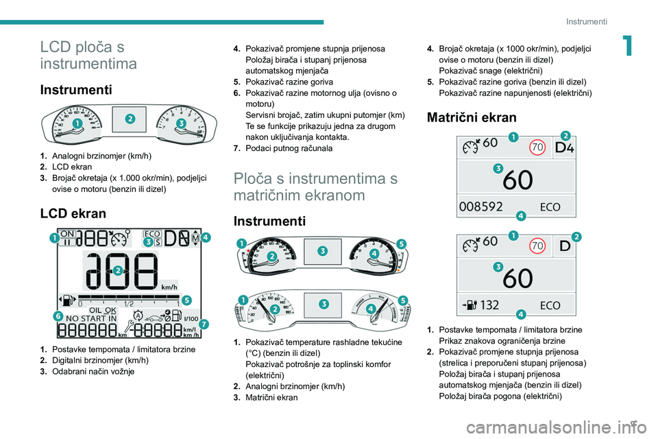 PEUGEOT 2008 2020 Upute Za Rukovanje (in Croatian) 9
Instrumenti
1LCD ploča s
instrumentima
Instrumenti
1.Analogni brzinomjer (km/h)
2. LCD ekran
3. Brojač okretaja (x 1.000 okr/min), podjeljci
ovise o motoru (benzin ili dizel)
LCD ekran
1 PEUGEOT 2008 2020 Upute Za Rukovanje (in Croatian) 9
Instrumenti
1LCD ploča s
instrumentima
Instrumenti
1.Analogni brzinomjer (km/h)
2. LCD ekran
3. Brojač okretaja (x 1.000 okr/min), podjeljci
ovise o motoru (benzin ili dizel)
LCD ekran
1