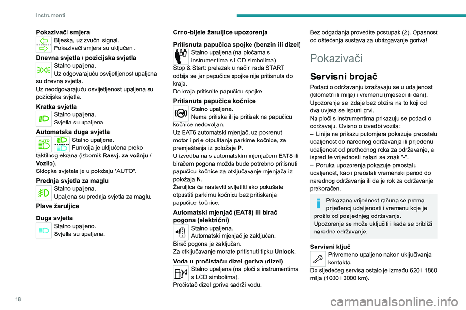 PEUGEOT 2008 2020 Upute Za Rukovanje (in Croatian) 18
Instrumenti
Pokazivači smjeraBljeska, uz zvučni signal.
Pokazivači smjera su uključeni.
Dnevna svjetla / pozicijska svjetlaStalno upaljena.
Uz odgovarajuću osvijetljenost upaljena
su dnevna s PEUGEOT 2008 2020 Upute Za Rukovanje (in Croatian) 18
Instrumenti
Pokazivači smjeraBljeska, uz zvučni signal.
Pokazivači smjera su uključeni.
Dnevna svjetla / pozicijska svjetlaStalno upaljena.
Uz odgovarajuću osvijetljenost upaljena
su dnevna s