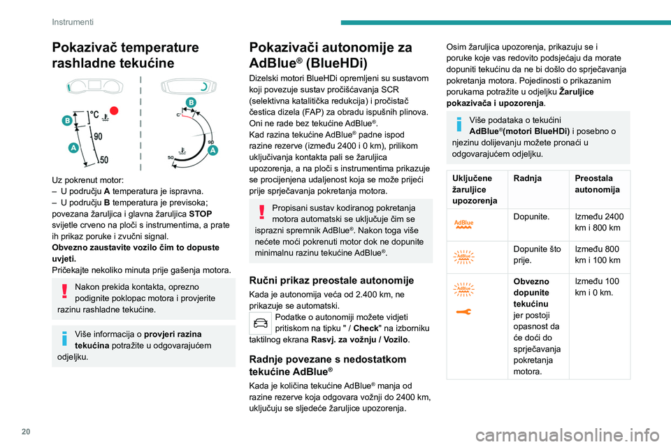 PEUGEOT 2008 2020 Upute Za Rukovanje (in Croatian) 20
Instrumenti
Pokazivač temperature
rashladne tekućine
Uz pokrenut motor:
–
U području A
temperatura je ispravna.
–
U području B
temperatura je previsoka;
povezana žaruljica i PEUGEOT 2008 2020 Upute Za Rukovanje (in Croatian) 20
Instrumenti
Pokazivač temperature
rashladne tekućine
Uz pokrenut motor:
–
U području A
temperatura je ispravna.
–
U području B
temperatura je previsoka;
povezana žaruljica i