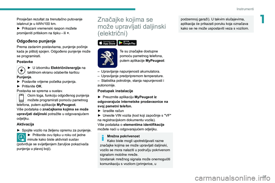 PEUGEOT 2008 2020 Upute Za Rukovanje (in Croatian) 27
Instrumenti
1Prosječan rezultat za trenutačno putovanje
istaknut je u kWh/100 km.
►
Prikazani vremenski raspon možete
promijeniti pritiskom na tipku
-
ili +.
Odgođeno punjenje
Prema PEUGEOT 2008 2020 Upute Za Rukovanje (in Croatian) 27
Instrumenti
1Prosječan rezultat za trenutačno putovanje
istaknut je u kWh/100 km.
►
Prikazani vremenski raspon možete
promijeniti pritiskom na tipku
-
ili +.
Odgođeno punjenje
Prema