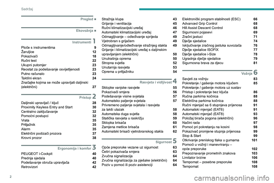 PEUGEOT 2008 2020  Upute Za Rukovanje (in Croatian) 2
Sadržaj
 
 
 
 
 
   ■
Pregled
  ■
Ekovožnja
 1Instrumenti
Ploče s instrumentima  9
Žaruljice  12
Pokazivači  18
Ručni test  22
Ukupni putomjer  23
Reostat za podešavanje osvijetljeno