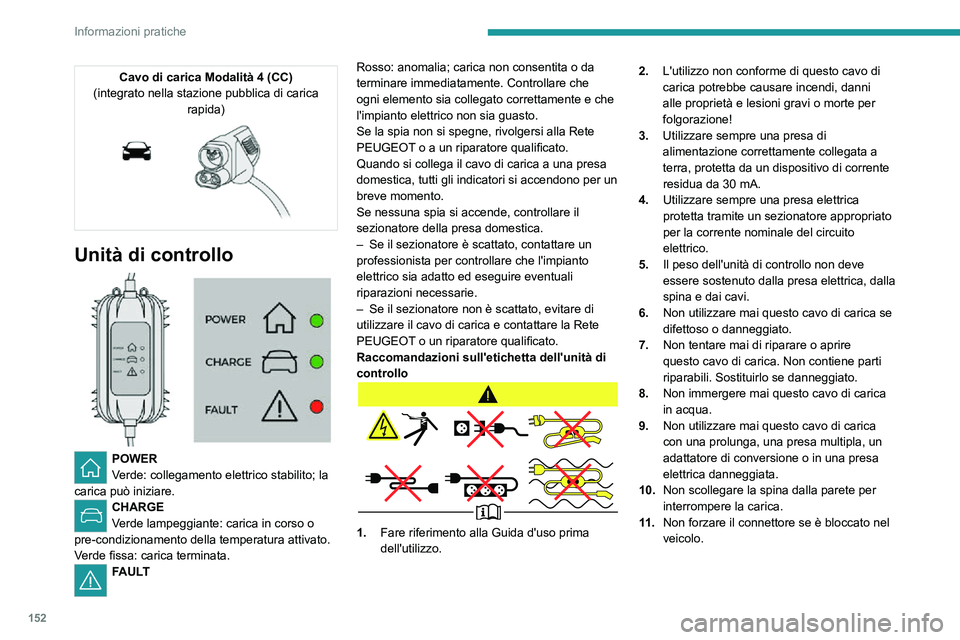 PEUGEOT 2008 2020 Manuale duso (in Italian) 152
Informazioni pratiche
Cavo di carica Modalità 4 (CC)
(integrato nella stazione pubblica di carica rapida)
Unità di controllo
POWER
Verde: collegamento elettrico stabilito; la
carica puà PEUGEOT 2008 2020 Manuale duso (in Italian) 152
Informazioni pratiche
Cavo di carica Modalità 4 (CC)
(integrato nella stazione pubblica di carica rapida)
Unità di controllo
POWER
Verde: collegamento elettrico stabilito; la
carica puÃ