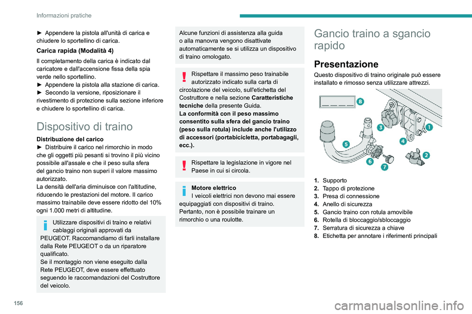 PEUGEOT 2008 2020 Manuale duso (in Italian) 156
Informazioni pratiche
► Appendere la pistola all'unità di carica e chiudere lo sportellino di carica.
Carica rapida (Modalità 4)
Il completamento della carica è indicato dal
caricatore e PEUGEOT 2008 2020 Manuale duso (in Italian) 156
Informazioni pratiche
► Appendere la pistola all'unità di carica e chiudere lo sportellino di carica.
Carica rapida (Modalità 4)
Il completamento della carica è indicato dal
caricatore e