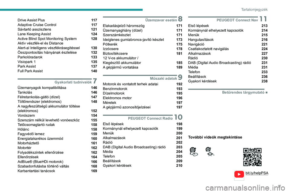 PEUGEOT 2008 2020  Kezelési útmutató (in Hungarian) 3
Tartalomjegyzék
  
  
bit.ly/helpPSA
 
 
 
Drive Assist Plus  11 7
Adaptive Cruise Control  11 7
Sávtartó asszisztens  121
Lane Keeping Assist  124
Active Blind Spot Monitoring System  128
Aktív