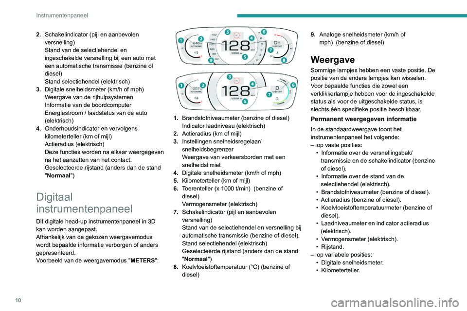 PEUGEOT 2008 2020 Instructieboekje (in Dutch) 10
Instrumentenpaneel
• Status- of waarschuwingsmeldingen die kort worden weergegeven.
Optionele informatie
Afhankelijk van de geselecteerde
weergavemodus en de ingeschakelde functies
kan de volge PEUGEOT 2008 2020 Instructieboekje (in Dutch) 10
Instrumentenpaneel
• Status- of waarschuwingsmeldingen die kort worden weergegeven.
Optionele informatie
Afhankelijk van de geselecteerde
weergavemodus en de ingeschakelde functies
kan de volge