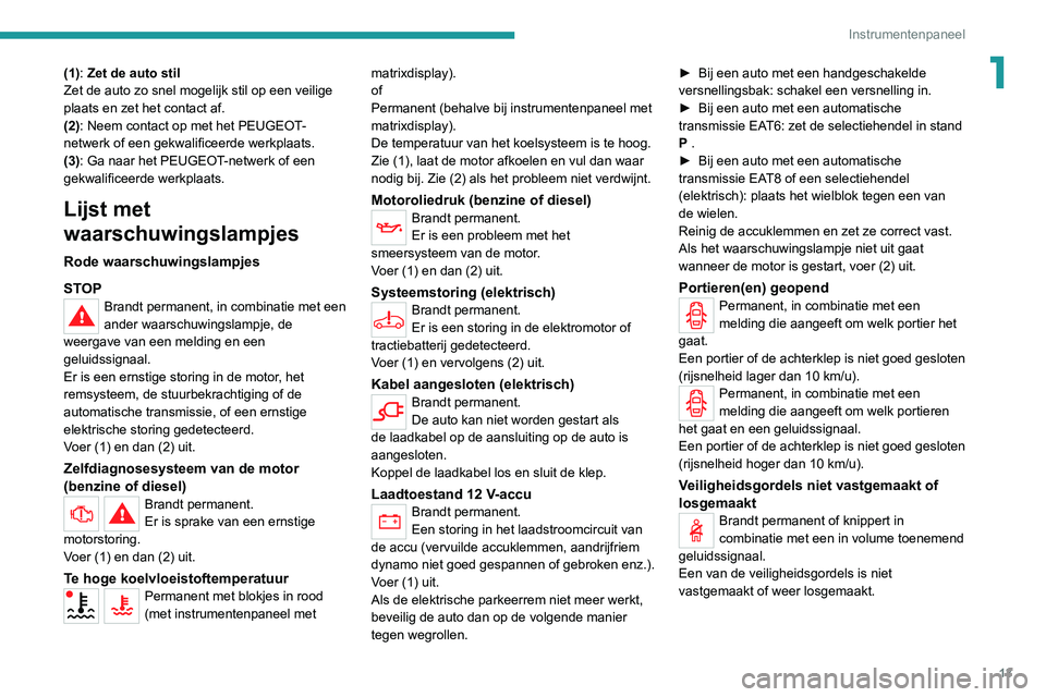 PEUGEOT 2008 2020 Instructieboekje (in Dutch) 13
Instrumentenpaneel
1(1): Zet de auto stil
Zet de auto zo snel mogelijk stil op een veilige
plaats en zet het contact af.
(2): Neem contact op met het PEUGEOT-
netwerk of een gekwalificeerde werkpl PEUGEOT 2008 2020 Instructieboekje (in Dutch) 13
Instrumentenpaneel
1(1): Zet de auto stil
Zet de auto zo snel mogelijk stil op een veilige
plaats en zet het contact af.
(2): Neem contact op met het PEUGEOT-
netwerk of een gekwalificeerde werkpl