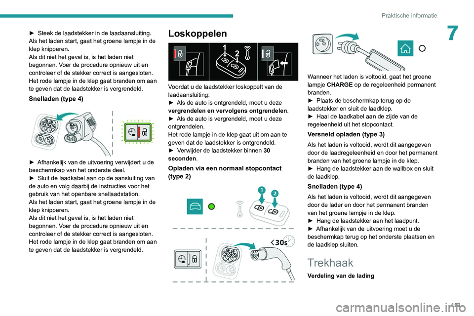 PEUGEOT 2008 2020 Instructieboekje (in Dutch) 159
Praktische informatie
7► Steek de laadstekker in de laadaansluiting.Als het laden start, gaat het groene lampje in de
klep knipperen.
Als dit niet het geval is, is het laden niet
begonnen. Voe PEUGEOT 2008 2020 Instructieboekje (in Dutch) 159
Praktische informatie
7► Steek de laadstekker in de laadaansluiting.Als het laden start, gaat het groene lampje in de
klep knipperen.
Als dit niet het geval is, is het laden niet
begonnen. Voe