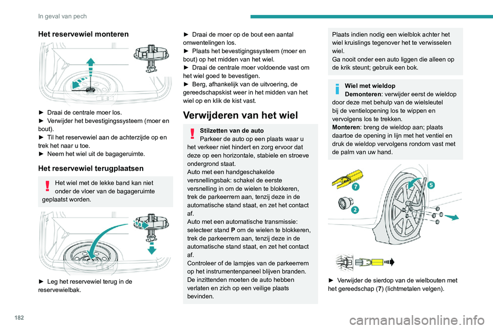 PEUGEOT 2008 2020  Instructieboekje (in Dutch) 182
In geval van pech
Het reservewiel monteren 
 
► Draai de centrale moer los.► Verwijder het bevestigingssysteem (moer en bout).► Til het reservewiel aan de achterzijde op en trek het naar u t