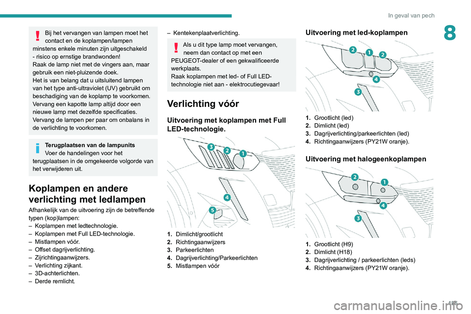 PEUGEOT 2008 2020  Instructieboekje (in Dutch) 185
In geval van pech
8Bij het vervangen van lampen moet het 
contact en de koplampen/lampen 
minstens enkele minuten zijn uitgeschakeld 
- risico op ernstige brandwonden!
Raak de lamp niet met de vin