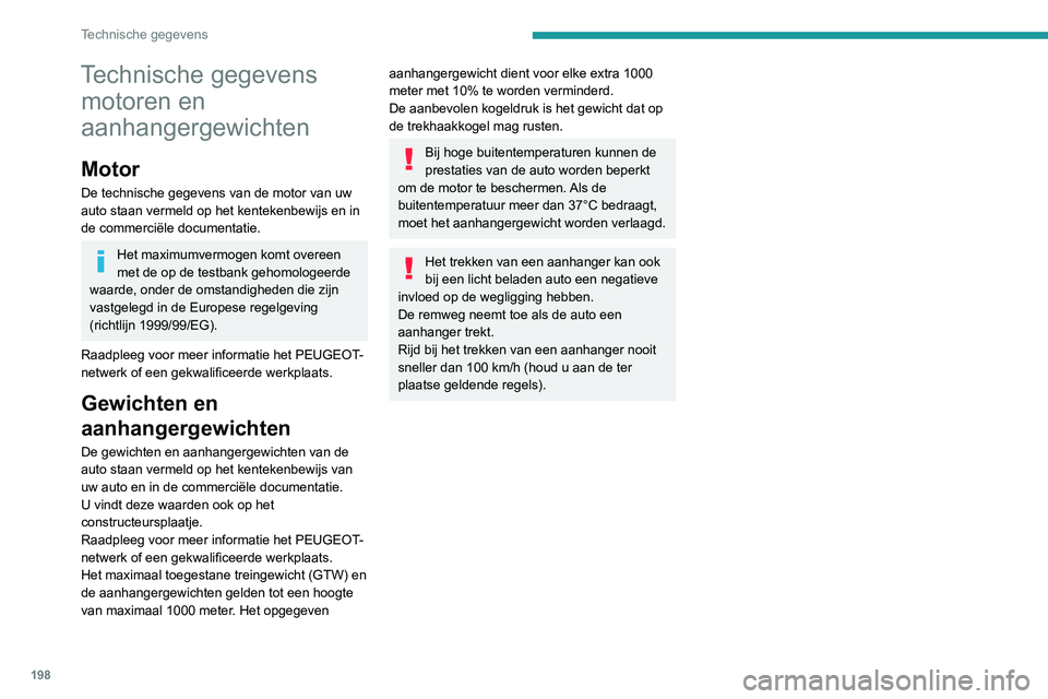 PEUGEOT 2008 2020  Instructieboekje (in Dutch) 198
Technische gegevens
Technische gegevens motoren en 
aanhangergewichten
Motor
De technische gegevens van de motor van uw 
auto staan vermeld op het kentekenbewijs en in 
de commerciële documentati