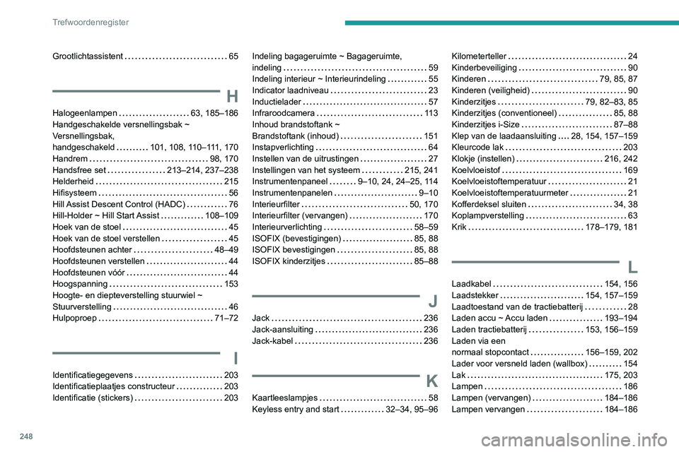 PEUGEOT 2008 2020 Instructieboekje (in Dutch) 248
Trefwoordenregister
Grootlichtassistent 65
H
Halogeenlampen 63, 185–186Handgeschakelde versnellingsbak ~
Versnellingsbak,
handgeschakeld 101, 108, 110–111, 170
Handrem 98, 170Handsf PEUGEOT 2008 2020 Instructieboekje (in Dutch) 248
Trefwoordenregister
Grootlichtassistent 65
H
Halogeenlampen 63, 185–186Handgeschakelde versnellingsbak ~
Versnellingsbak,
handgeschakeld 101, 108, 110–111, 170
Handrem 98, 170Handsf