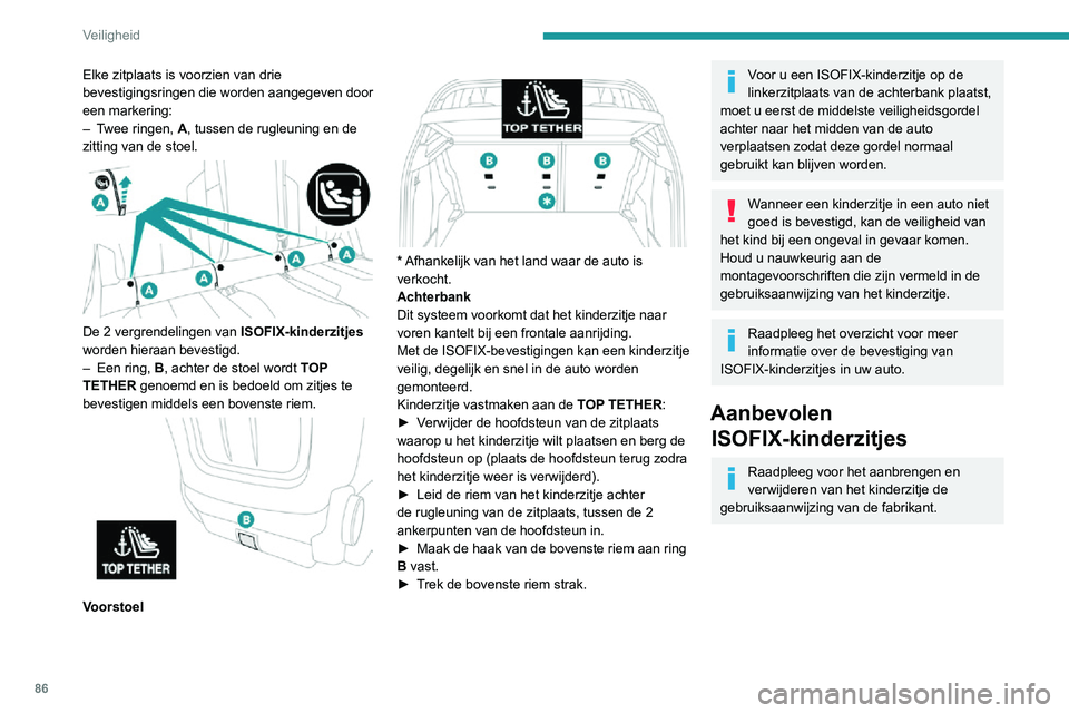 PEUGEOT 2008 2020 Instructieboekje (in Dutch) 86
Veiligheid
Elke zitplaats is voorzien van drie
bevestigingsringen die worden aangegeven door
een markering:
– Twee ringen, A, tussen de rugleuning en de
zitting van de stoel.
De 2 vergrend PEUGEOT 2008 2020 Instructieboekje (in Dutch) 86
Veiligheid
Elke zitplaats is voorzien van drie
bevestigingsringen die worden aangegeven door
een markering:
– Twee ringen, A, tussen de rugleuning en de
zitting van de stoel.
De 2 vergrend