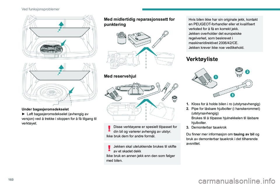PEUGEOT 2008 2020 Instruksjoner for bruk (in Norwegian) 160
Ved funksjonsproblemer
Med midlertidig reparasjonssett for
punktering
4.12 V-kompressor med en patron med tetningsmiddel og en fartsgrenseetikett
For midlertidig reparasjon av et dekk og
just PEUGEOT 2008 2020 Instruksjoner for bruk (in Norwegian) 160
Ved funksjonsproblemer
Med midlertidig reparasjonssett for
punktering
4.12 V-kompressor med en patron med tetningsmiddel og en fartsgrenseetikett
For midlertidig reparasjon av et dekk og
just