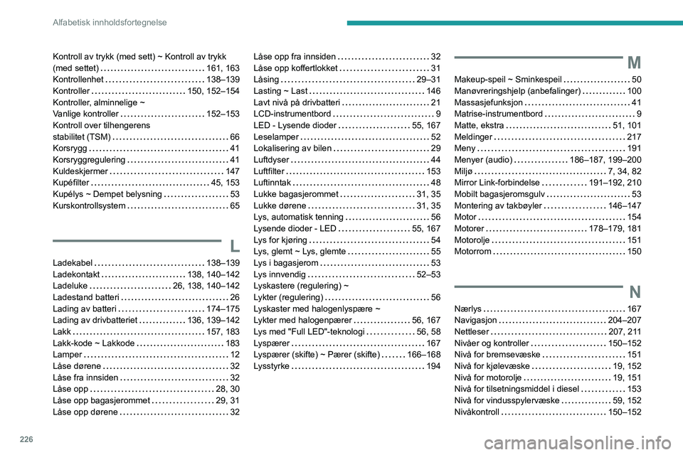 PEUGEOT 2008 2020 Instruksjoner for bruk (in Norwegian) 226
Alfabetisk innholdsfortegnelse
Kontroll av trykk (med sett) ~ Kontroll av trykk (med settet) 161, 163Kontrollenhet 138–139Kontroller 150, 152–154Kontroller, alminnelige ~ Vanlige kontro PEUGEOT 2008 2020 Instruksjoner for bruk (in Norwegian) 226
Alfabetisk innholdsfortegnelse
Kontroll av trykk (med sett) ~ Kontroll av trykk (med settet) 161, 163Kontrollenhet 138–139Kontroller 150, 152–154Kontroller, alminnelige ~ Vanlige kontro