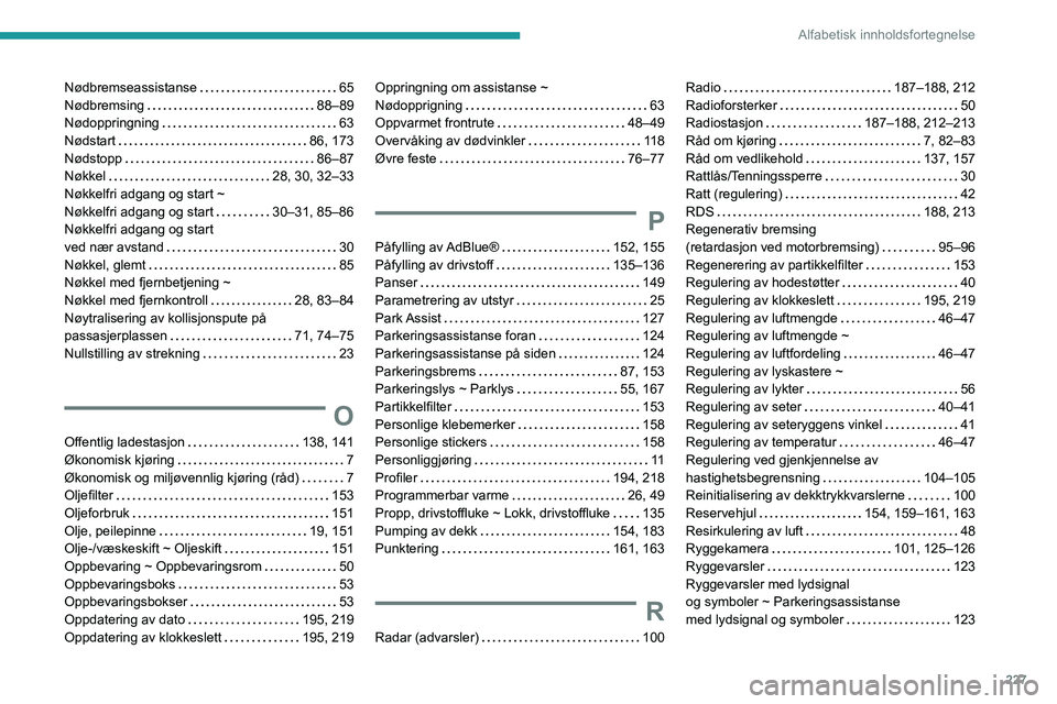 PEUGEOT 2008 2020 Instruksjoner for bruk (in Norwegian) 227
Alfabetisk innholdsfortegnelse
Nødbremseassistanse 65Nødbremsing 88–89Nødoppringning 63Nødstart 86, 173Nødstopp 86–87Nøkkel 28, 30, 32–33Nøkkelfri adgang og start ~ Nøkk PEUGEOT 2008 2020 Instruksjoner for bruk (in Norwegian) 227
Alfabetisk innholdsfortegnelse
Nødbremseassistanse 65Nødbremsing 88–89Nødoppringning 63Nødstart 86, 173Nødstopp 86–87Nøkkel 28, 30, 32–33Nøkkelfri adgang og start ~ Nøkk