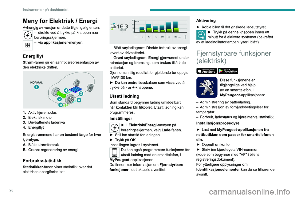 PEUGEOT 2008 2020 Instruksjoner for bruk (in Norwegian) 26
Instrumenter på dashbordet
Meny for Elektrisk / Energi
Avhengig av versjon er dette tilgjengelig enten:– direkte ved å trykke på knappen nær berøringsskjermen.– via applikasjoner-menyen.
PEUGEOT 2008 2020 Instruksjoner for bruk (in Norwegian) 26
Instrumenter på dashbordet
Meny for Elektrisk / Energi
Avhengig av versjon er dette tilgjengelig enten:– direkte ved å trykke på knappen nær berøringsskjermen.– via applikasjoner-menyen.