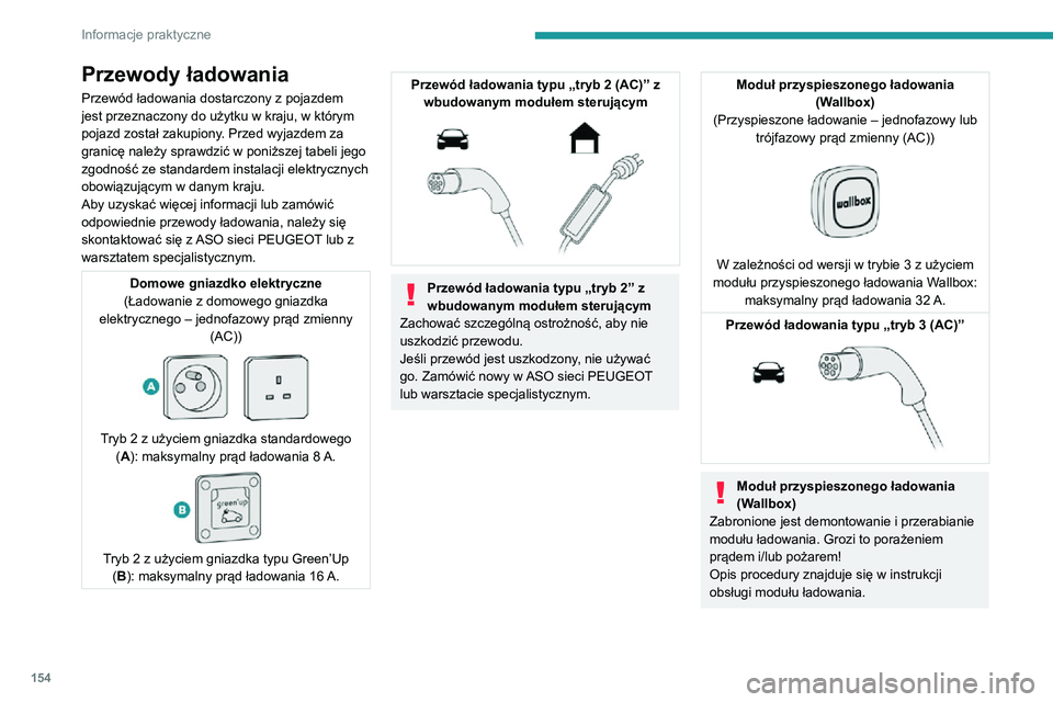 PEUGEOT 2008 2020 Instrukcja obsługi (in Polish) 154
Informacje praktyczne
Przewody ładowania
Przewód ładowania dostarczony z pojazdem
jest przeznaczony do użytku w kraju, w którym
pojazd został zakupiony. Przed wyjazdem za
granicę należy PEUGEOT 2008 2020 Instrukcja obsługi (in Polish) 154
Informacje praktyczne
Przewody ładowania
Przewód ładowania dostarczony z pojazdem
jest przeznaczony do użytku w kraju, w którym
pojazd został zakupiony. Przed wyjazdem za
granicę należy