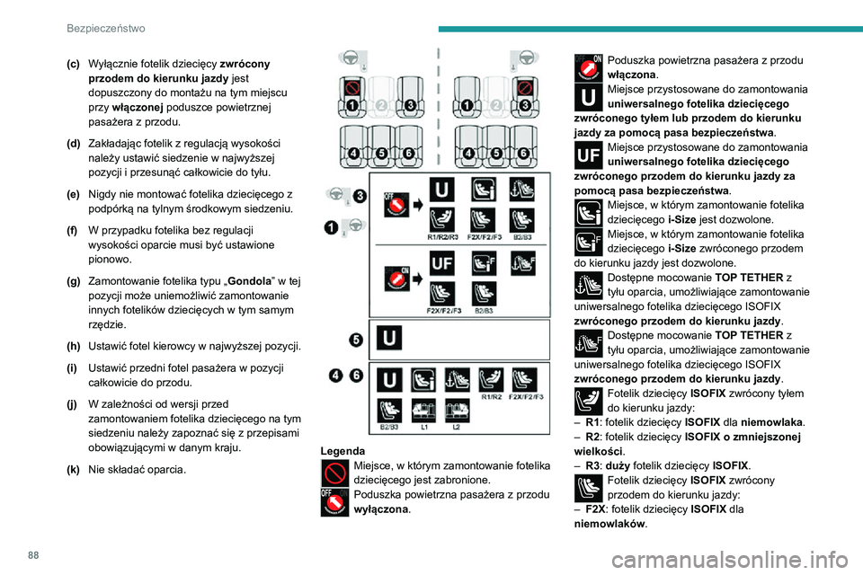 PEUGEOT 2008 2020 Instrukcja obsługi (in Polish) 88
Bezpieczeństwo
– F2: fotelik dziecięcy ISOFIX o zmniejszonej
wysokości.
– F3: fotelik dziecięcy ISOFIX o pełnej
wysokości.
Fotelik dziecięcy podwyższony.
Fotelik dziecięcy ISOFIX t PEUGEOT 2008 2020 Instrukcja obsługi (in Polish) 88
Bezpieczeństwo
– F2: fotelik dziecięcy ISOFIX o zmniejszonej
wysokości.
– F3: fotelik dziecięcy ISOFIX o pełnej
wysokości.
Fotelik dziecięcy podwyższony.
Fotelik dziecięcy ISOFIX t