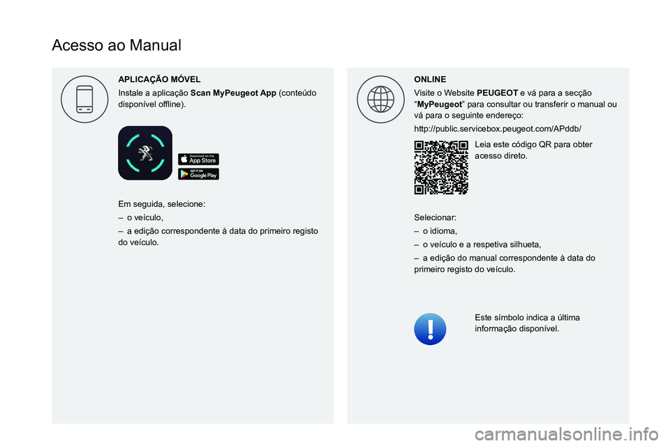 PEUGEOT 2008 2020  Manual de utilização (in Portuguese)  
 
 
 
 
 
 
 
 
   
Acesso ao Manual
APLICA\307\303O M\323VEL
Instale a aplicação Scan  (conteúdo 0047004C0056005300520051007400590048004F000300521089004C00510048000C0011ONLINE
Visite o Website P