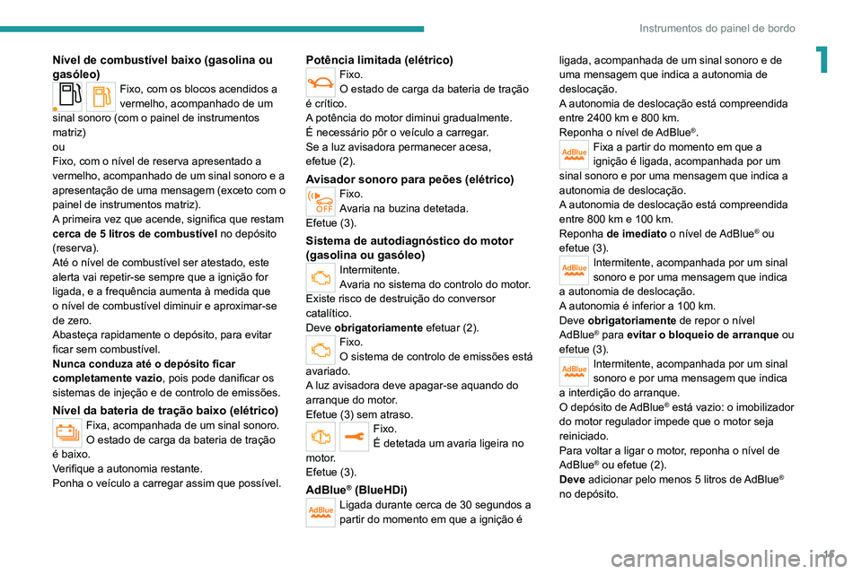 PEUGEOT 2008 2020 Manual de utilização (in Portuguese) 15
Instrumentos do painel de bordo
1Nível de combustível baixo (gasolina ou
gasóleo)
Fixo, com os blocos acendidos a
vermelho, acompanhado de um
sinal sonoro (com o painel de instrumentos
matri PEUGEOT 2008 2020 Manual de utilização (in Portuguese) 15
Instrumentos do painel de bordo
1Nível de combustível baixo (gasolina ou
gasóleo)
Fixo, com os blocos acendidos a
vermelho, acompanhado de um
sinal sonoro (com o painel de instrumentos
matri