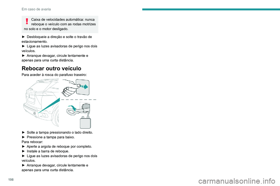 PEUGEOT 2008 2020 Manual de utilização (in Portuguese) 198
Em caso de avaria
Caixa de velocidades automática: nunca
reboque o veÃculo com as rodas motrizes
no solo e o motor desligado.
► Desbloqueie a direção e solte o travão de estacionamento.■PEUGEOT 2008 2020 Manual de utilização (in Portuguese) 198
Em caso de avaria
Caixa de velocidades automática: nunca
reboque o veÃculo com as rodas motrizes
no solo e o motor desligado.
â–º Desbloqueie a direção e solte o travão de estacionamento.â–